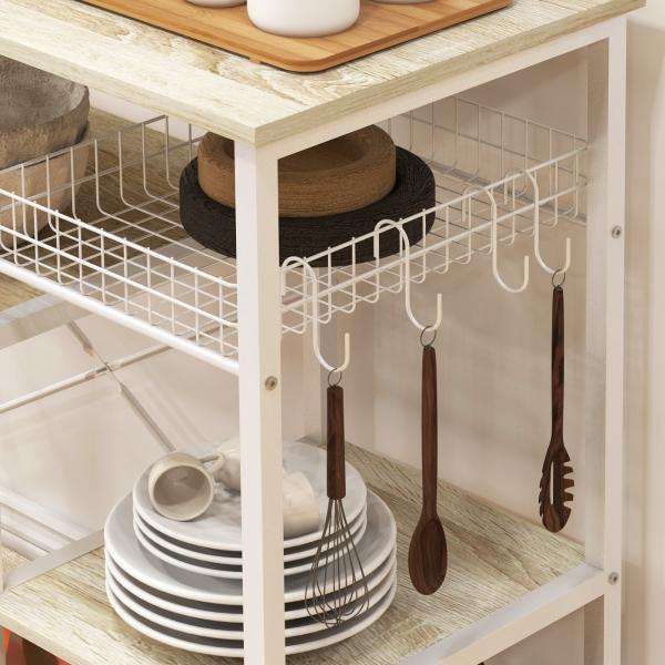 Estante de Cozinha com 1 Cesto 4 Ganchos em S 6 Pés com Almofadas Ajustáveis e Prateleiras 90x40x84,5 cm Carvalho e Branco