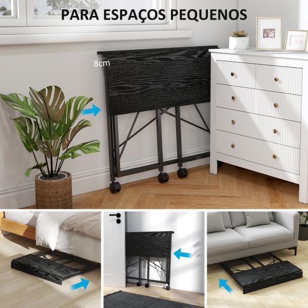 Secretária Dobrável com Rodas Mesa de Secretária Compacta Portátil para Espaços Pequenos 80x40x75 cm Preto