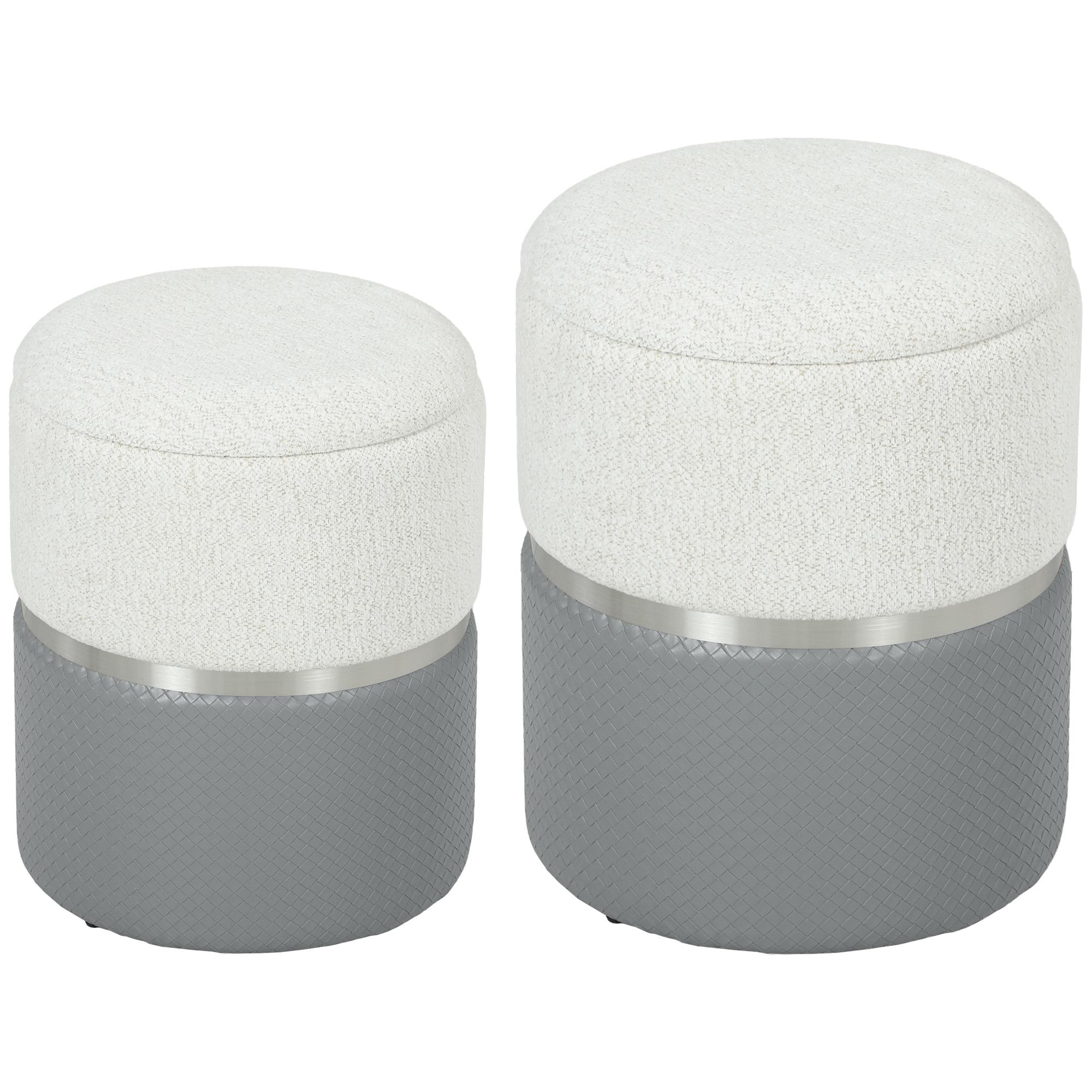 Conjunto de 2 Puffs de Arrumação Estofados em Chenille e PU Assento Acolchoado para Entrada Quarto Cinzento e Creme