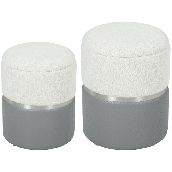 Conjunto de 2 Puffs de Arrumação Estofados em Chenille e PU Assento Acolchoado para Entrada Quarto Cinzento e Creme