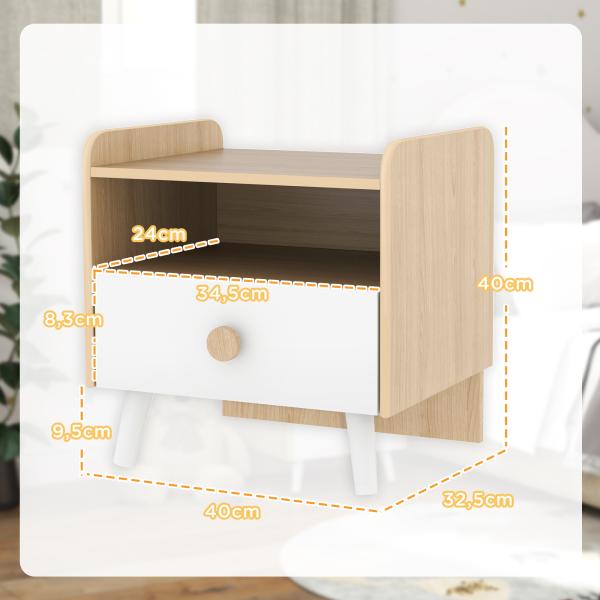 Mesa de Cabeceira Infantil de Madeira Mesa de Cabeceira para Crianças com Gaveta Bordas Redondas 40x32,5x40 cm Branco e Madeira