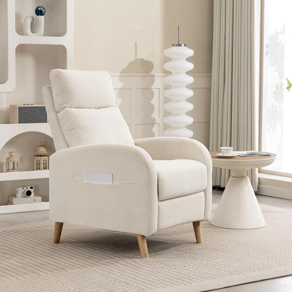 Poltrona Relax Reclinável Manual Estofada em Linho Sintético com Apoio para os Pés e Bolso Lateral 68x90x106 cm Creme