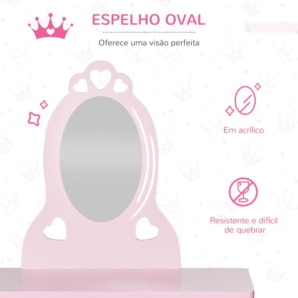 Toucador Infantil com Banco e Espelho Estilo Princesa Mesa de Maquilhagem Infantil com Gaveta 60x36x88cm Rosa