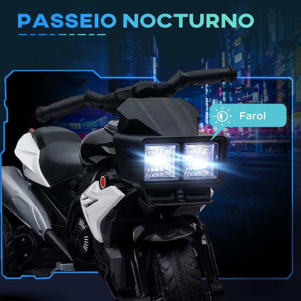 Motocicleta Elétrica Infantil com 3 Rodas para Crianças acima de 3 anos Bateria 6V com Luzes e Música 86x42x52 cm Branco