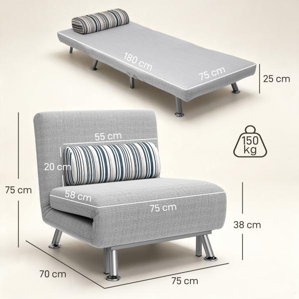 Sofá - Cama Individual Dobrável com Encosto Ajustável 5 Posições, Almofada e Revestimento em Linho Sintético, 75x70x75 cm, Cinzento