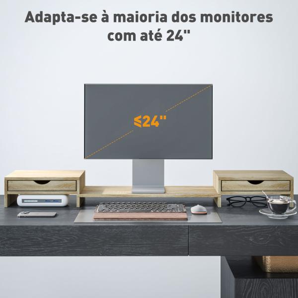 Suporte para Monitor com Ângulo e Comprimento Ajustável e 2 Gavetas para Escritório 60 - 116x22x12 cm Madeira