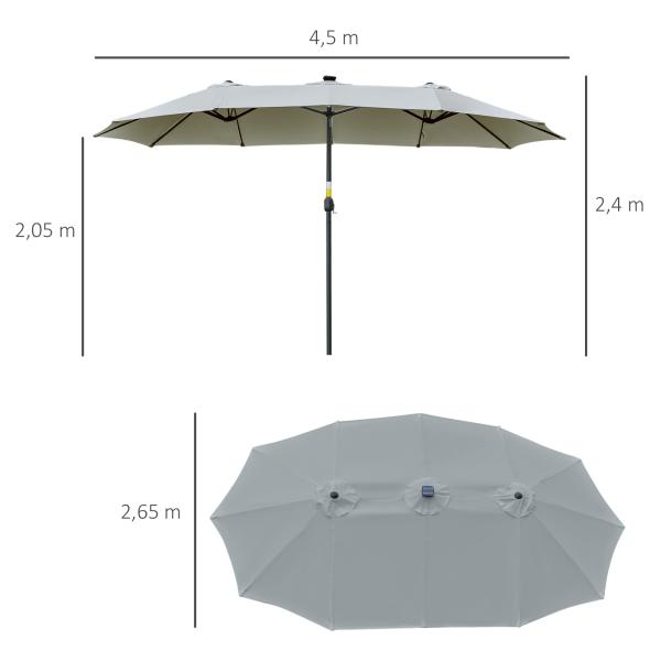 Chapéu de Sol Duplo de Jardim com 48 Luzes LED Solar 450x265x240cm com Manivela Proteção Solar para Terraço Cinza Claro