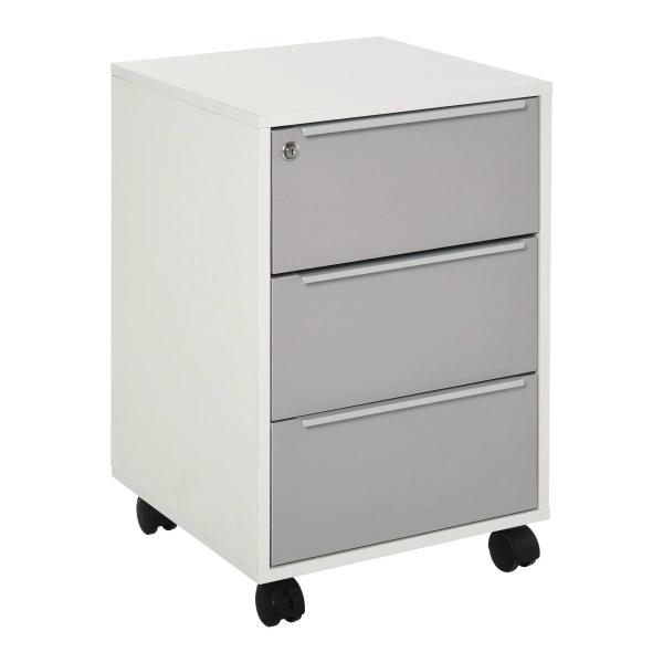 Bloco de Gavetas Móvel de Escritório com 3 Gavetas Fechadura Rodas e Travão para Documentos 40x40x63,5 cm Branco e Cinza