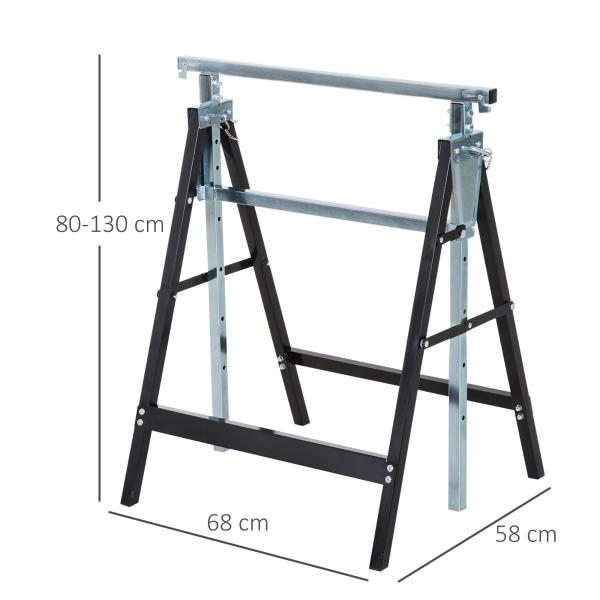 Conjunto de 2 Cavaletes Telescópicos Dobráveis com Altura Ajustável Cavaletes de Serra de Aço para Mesa de Trabalho Carga 200kg 68x58x80 - 130cm Preto