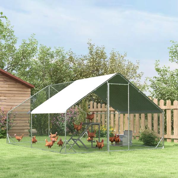 Galinheiro de Exterior Grande 3x4x2m Gaiola para 8 - 12 Galinhas de Aço Galvanizado com Teto de PE e Fechadura para Coelhos Prata