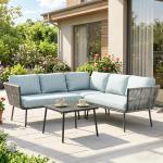 Conjunto de Móveis de Jardim em Ratã Sofá de Canto com Almofadas e Mesa de Centro para Terraço Exterior Azul Claro