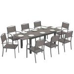 Conjunto de Mesa e Cadeiras de Jardim com Mesa Extensível Estrutura de Alumínio 8 Cadeiras e Tampo de Ripas de Madeira Plástica