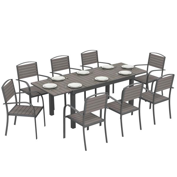 Conjunto de Mesa e Cadeiras de Jardim com Mesa Extensível Estrutura de Alumínio 8 Cadeiras e Tampo de Ripas de Madeira Plástica