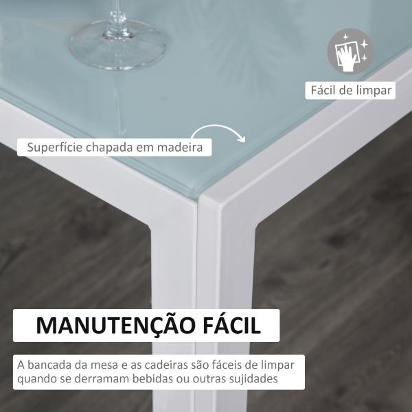 Conjunto de Refeição com Mesa Retangular de Vidro Temperado e 4 Cadeiras Estofadas em PU com Pés de Metal Branco
