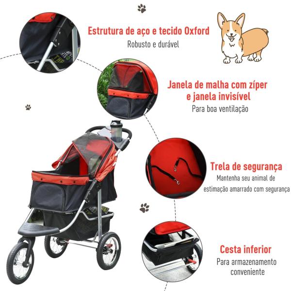 Carrinho dobrável para animais de estimação com 3 rodas Correias de segurança e cesto de armazenamento 109,5x54,5x106,5 cm Vermelho e preto