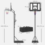 Tabela de Basquetebol de Exterior com Altura Ajustável Suporte Rodas Base Recarregável e Bolsa de Peso 90x60x305 cm Preto