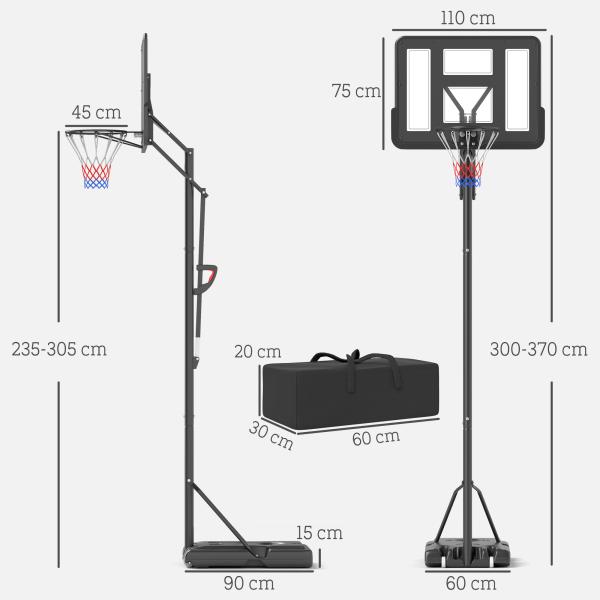 Tabela de Basquetebol de Exterior com Altura Ajustável Suporte Rodas Base Recarregável e Bolsa de Peso 90x60x305 cm Preto