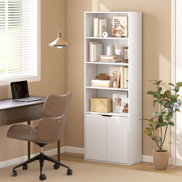 Estante para Livros com 4 Compartimentos Abertos e 1 Armário com 2 Prateleiras Armazenamento Livros Plantas para Sala de Estar Escritório 59x29x180cm Branco