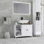 Móvel para Lavatório Pousar de Madeira com 1 Armário 3 Prateleiras Abertas e Prateleira Ajustável 90x30x60 cm Branco