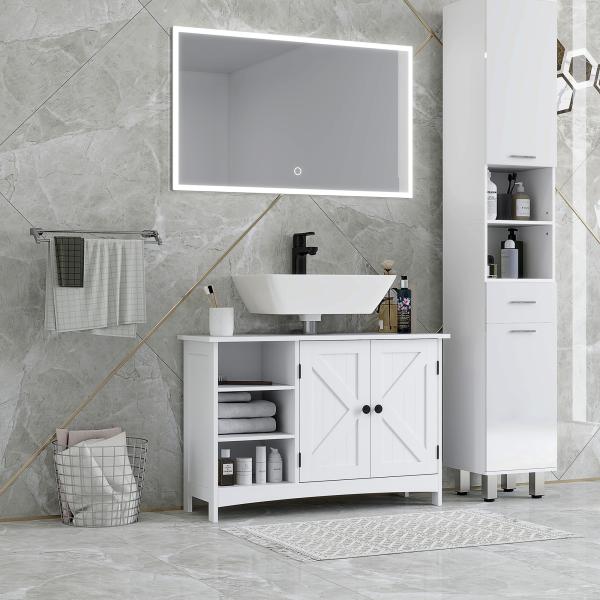 Móvel para Lavatório Pousar de Madeira com 1 Armário 3 Prateleiras Abertas e Prateleira Ajustável 90x30x60 cm Branco