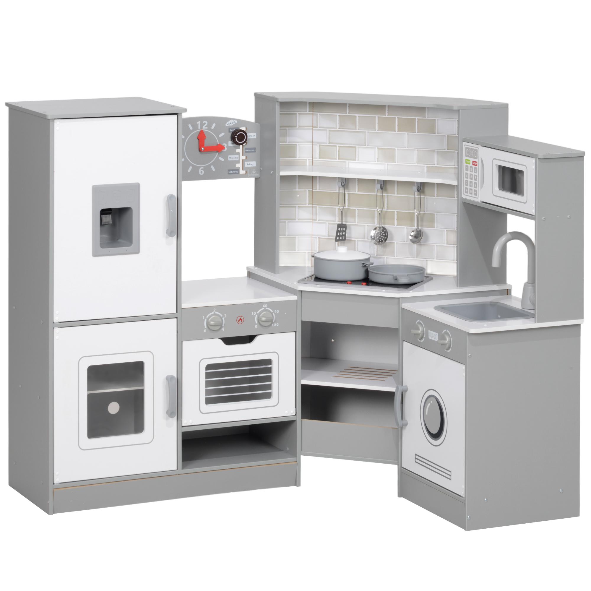 Cozinha de Madeira para Crianças com Sons Forno Lavatório Micro - Ondas Máquina de Gelo e Acessórios 110x80x91 cm Cinza