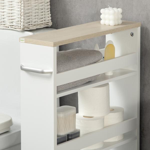 Estante de Armazenamento Casa de Banho de 3 Níveis Estante Estreita com Alça Lateral Estante com Rodas 48x15x80cm Branco