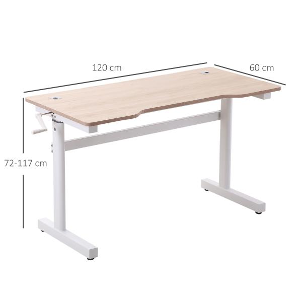 Secretária de Pé com Altura Ajustável a Manivela e Bancada de Carbono Secretária Elevatória para Escritório Estúdio Sala de Estar Carga Máxima 150kg 120x60x72 - 117cm Madeira e Branco