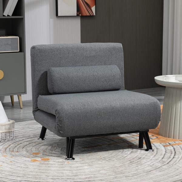 Sofá Cama Individual Dobrável com Encosto Ajustável em 5 Níveis Almofada e Estofado de Linho Sintético 75x70x75 cm Cinzento