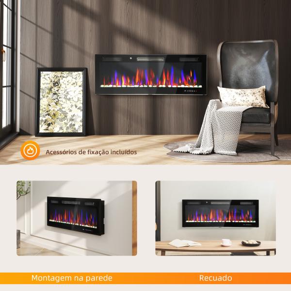 Lareira Elétrica Ultrafina de Parede e Embutir com Chama 3D Brilho/Velocidade Ajustável 12 Cores Pedras 900/1800W 127x9,4x47 cm Preto