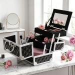 Estojo de Maquilhagem Organizador Cosméticos Profissional Portátil com Fecho e Vários Compartimentos 20x15x15 cm, Preto