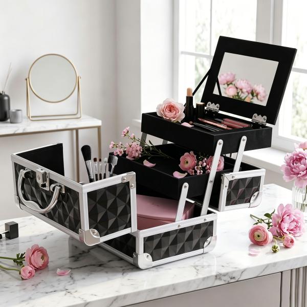 Estojo de Maquilhagem Organizador Cosméticos Profissional Portátil com Fecho e Vários Compartimentos 20x15x15 cm, Preto