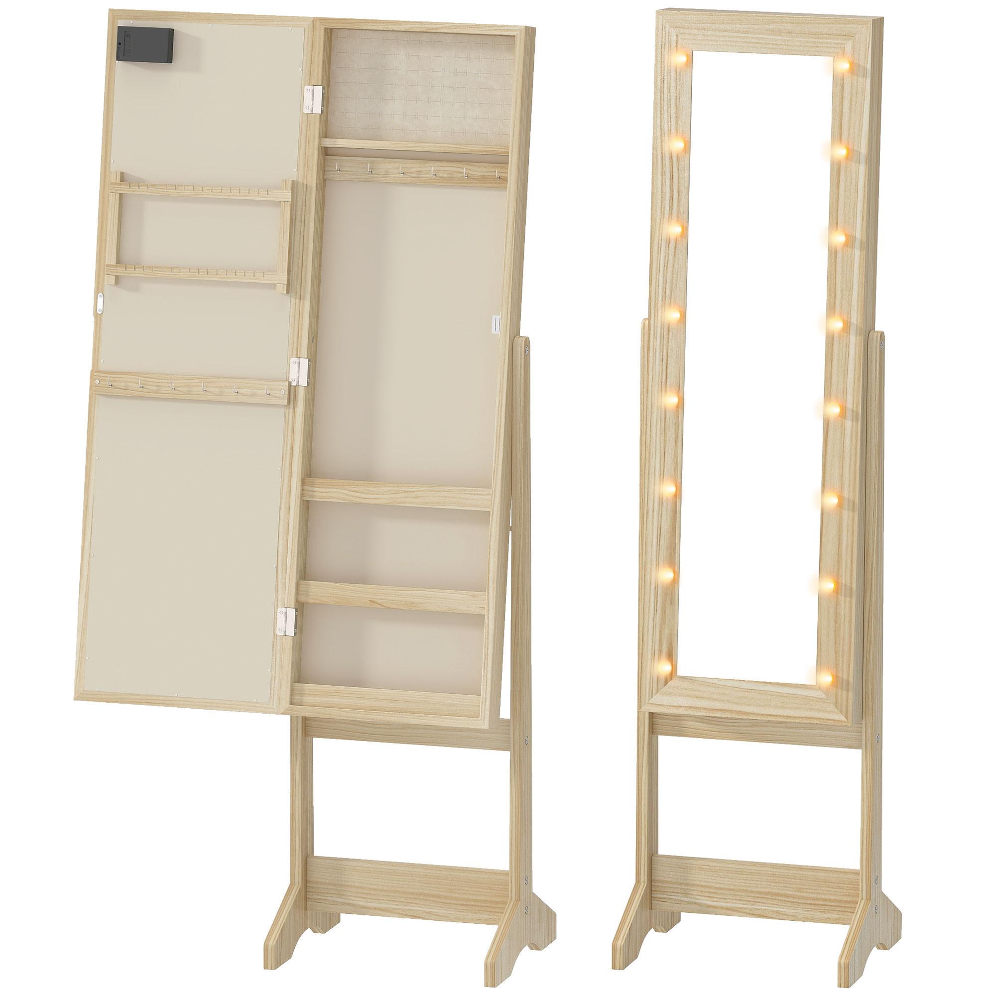 Espelho Joalheiro com Luzes LED Armário para Joias com Ângulo Ajustável Prateleiras Ranuras para Anéis 36x30x136 cm Madeira
