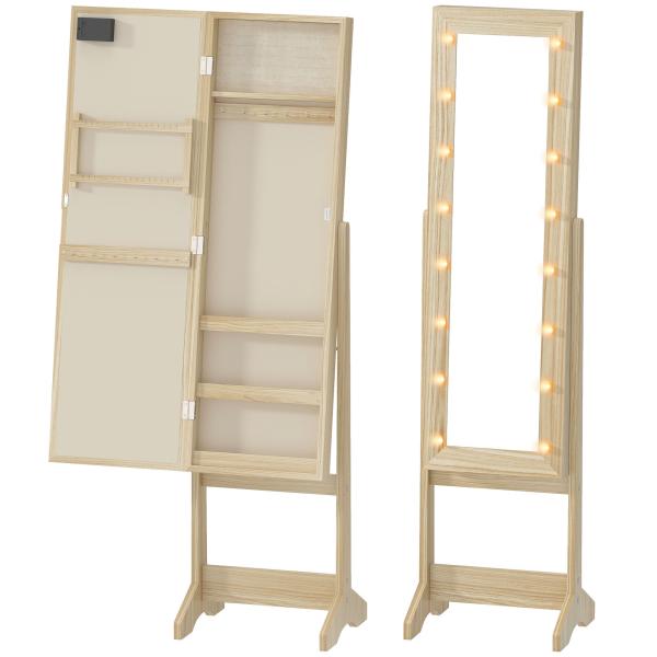Espelho Joalheiro com Luzes LED Armário para Joias com Ângulo Ajustável Prateleiras Ranuras para Anéis 36x30x136 cm Madeira