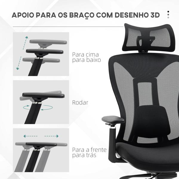 Cadeira de Escritório de Malha Reclinável com Apoio para a Cabeça Ajustável e Suporte Lombar 70x66x120 - 128 cm Preto