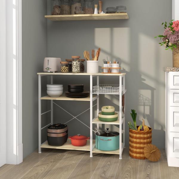 Estante de Cozinha com 1 Cesto 4 Ganchos em S 6 Pés com Almofadas Ajustáveis e Prateleiras 90x40x84,5 cm Carvalho e Branco