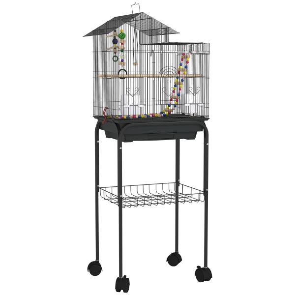 Gaiola para Passáros Gaiola de Metal com Portas 4 Comedouros 3 Poleiros Baloiço Escadas e Bandeja Removível 46x36x120 cm Preto