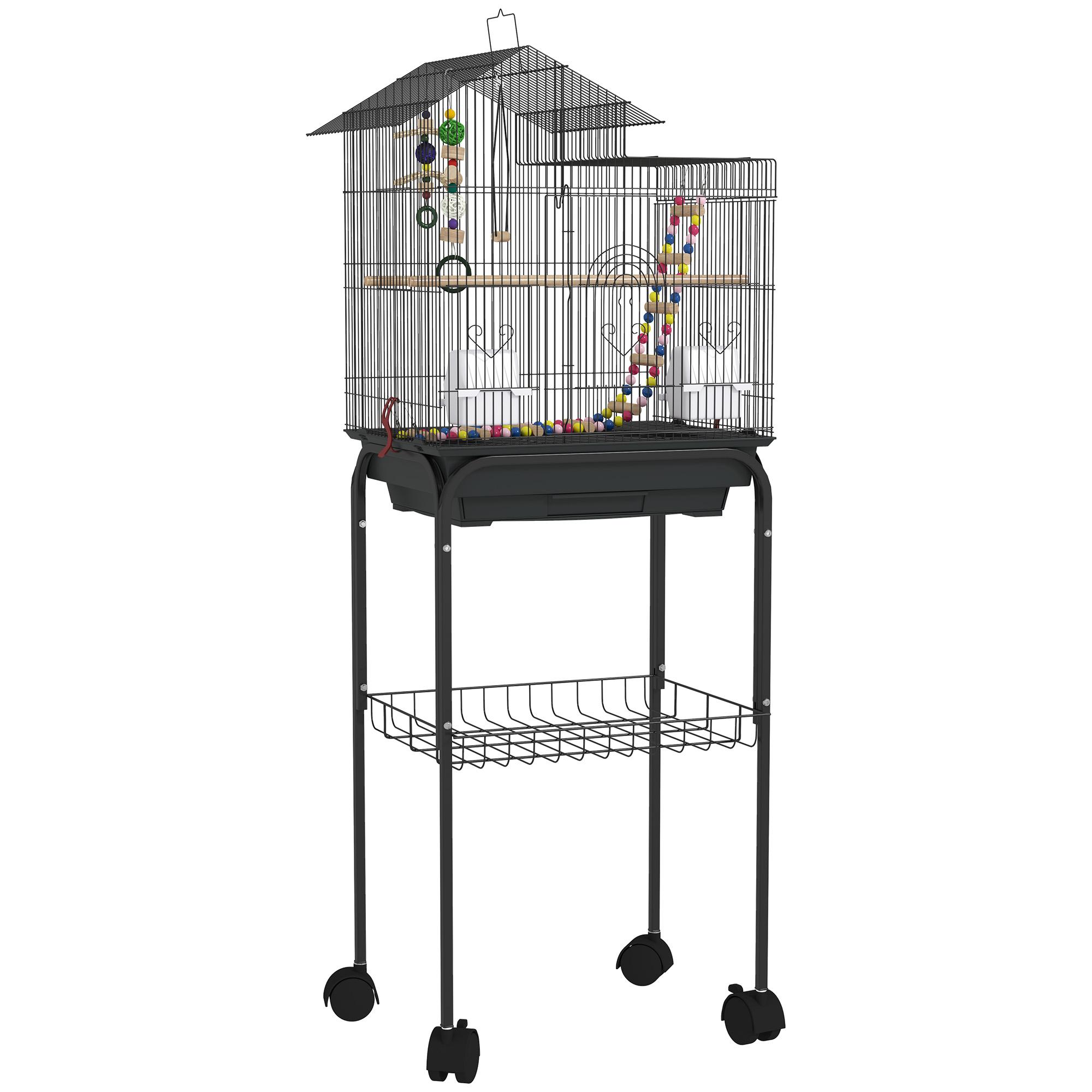 Gaiola para Passáros Gaiola de Metal com Portas 4 Comedouros 3 Poleiros Baloiço Escadas e Bandeja Removível 46x36x120 cm Preto