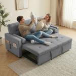 Sofá - Cama 2 Lugares 3 em 1 Deslizante em Tecido Linho com Encosto Ajustável Bolsos 2 Almofadas para Sala de Estar Cinzento