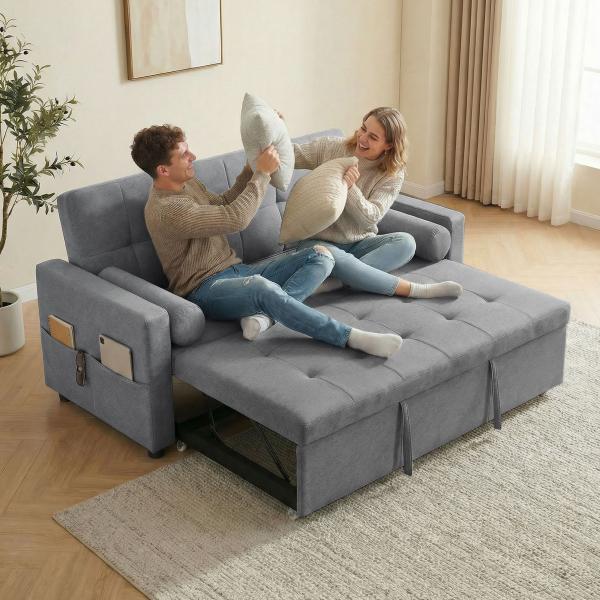 Sofá - Cama 2 Lugares 3 em 1 Deslizante em Tecido Linho com Encosto Ajustável Bolsos 2 Almofadas para Sala de Estar Cinzento