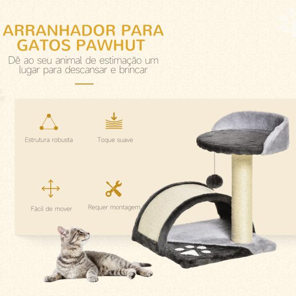 Árvore Arranhador para Gatos de 2 Níveis com Poste e Tapete de Arranhar Cama e Bola Suspensa 35,5x37x46 cm Cinza