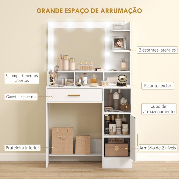 Toucador de Maquilhagem com Luzes LED Banco Espelho 10 Lâmpadas Gaveta Prateleiras e Compartimentos Branco
