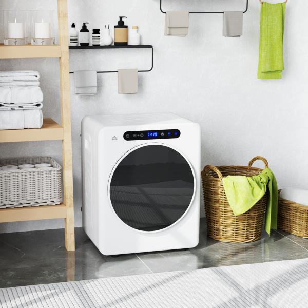 Máquina de Secar 3 KG 1000W Função Antirrugas Função Esterilizar Temporizador Ecrã LED Tátil Tambor Aço Inoxidável 49x43x61 cm Branco