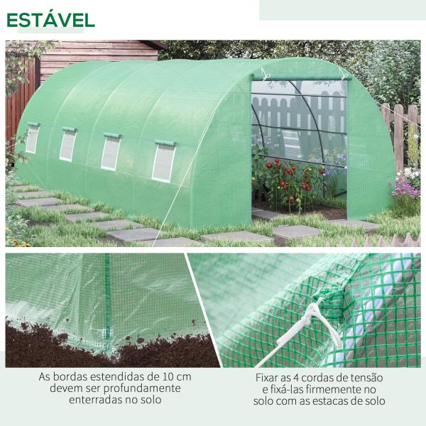 Estufa Tipo Túnel 590x300x200cm com Porta Enrolável 8 Janelas Cobertura de PE 140g/m² e Tubo de Aço para Cultivos de Plantas Verduras Verde