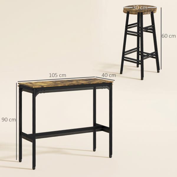 Conjunto de Mesa Alta de Cozinha com 2 Bancos Estrutura em Aço Estilo Industrial para Sala de Jantar Castanho Rústico