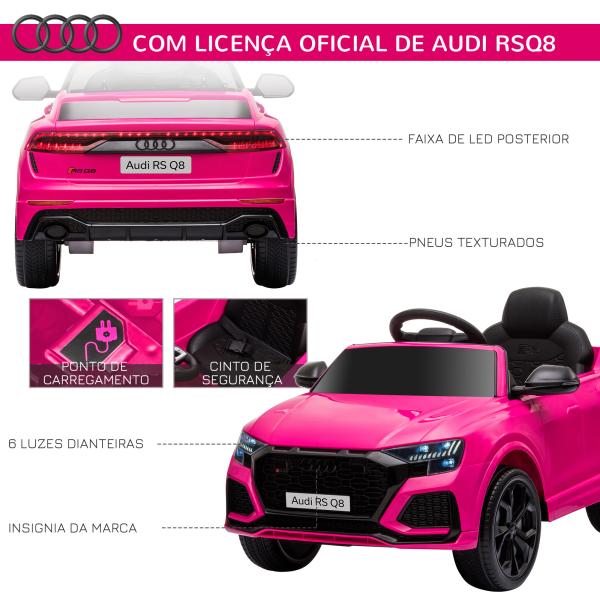 Carro Elétrico Infantil para 3 - 5 anos Licença Audi RS Q8 com Bateria 6V Controle a Distância Música MP3 Buzina e Luzes Velocidade Máx. 3km/h 101x62x51cm Rosa