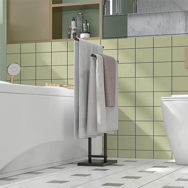 Toalheiro de Pé de Metal Escada para Casa de Banho com 2 Barras em Forma de T Design Moderno 50x18,5x85 cm Preto