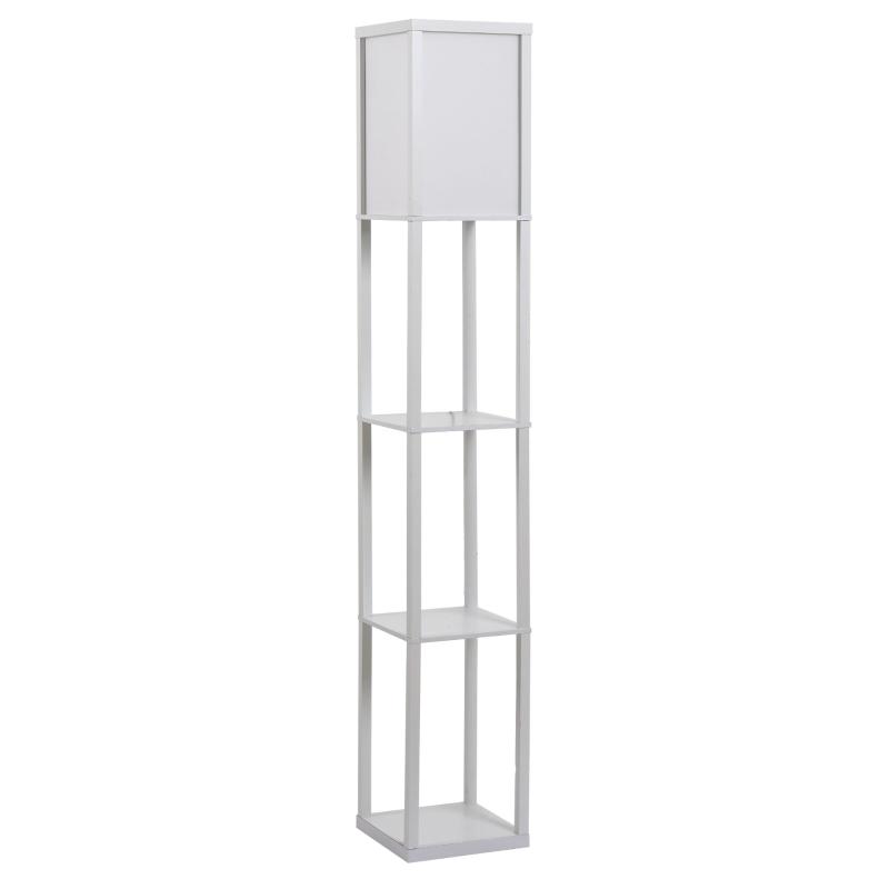 Candeeiro de Pé de Madeira com 3 Prateleiras De Armazenamento para Lâmpada E27 Potência Máx. 40W Candeeiro Moderno para Sala de Estar Dormitório 26x26x160cm Branco