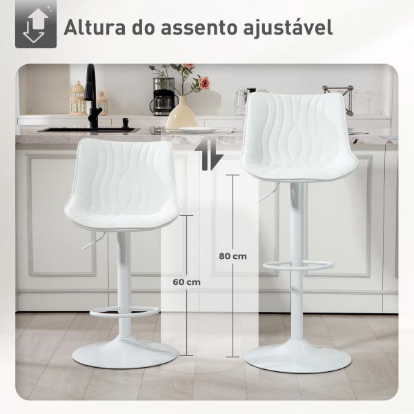 Conjunto de 2 Bancos de Bar Bancos Altos de Cozinha Giratórios com Altura Ajustável e Couro Sintético 47,5x54x92 - 110 cm Branco