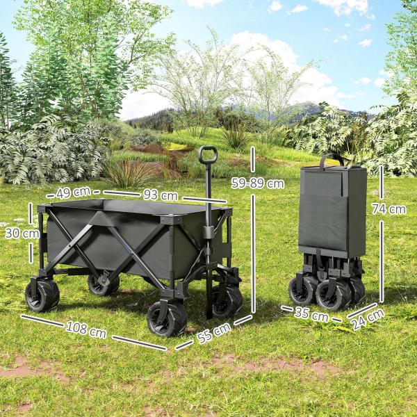 Carrinho de Transporte Dobrável com Rodas Giratórias 360° e Guiador Ajustável 59 - 89 cm para Campismo Praia 108x55x61 - 91 cm Cinza Escuro