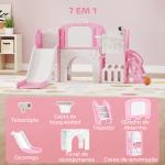 Escorrega Infantil 7 em 1 para Crianças Tema de Sapo com Aro de Basquetebol Túnel Quadro Telescópio de Brincar Trepador 176x150x94 cm Rosa